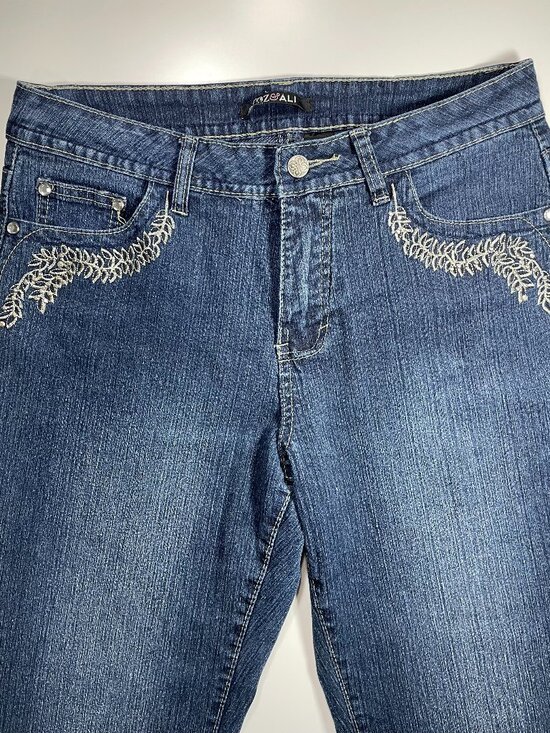 Roz & Ali Denim - Roz & Ali Women’s Embroidered Beaded Jeans Size 10 Wide Leg Dark Wash Excellent